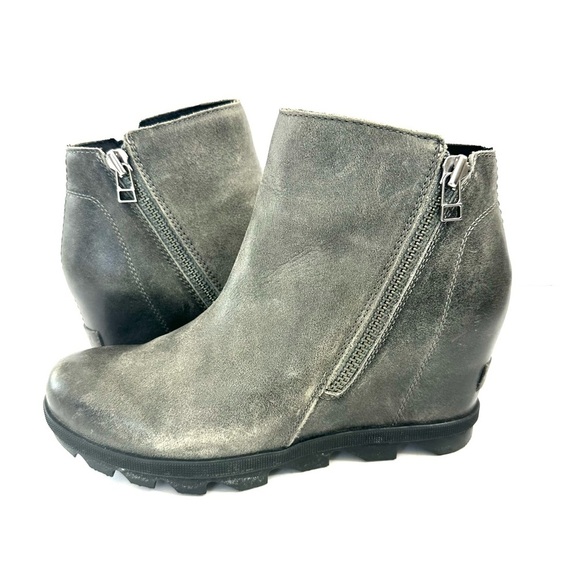 Sorel leather waterproof Joan of Arctic gray zip bootie ankle boot wedge 7.5 - Picture 5 of 13